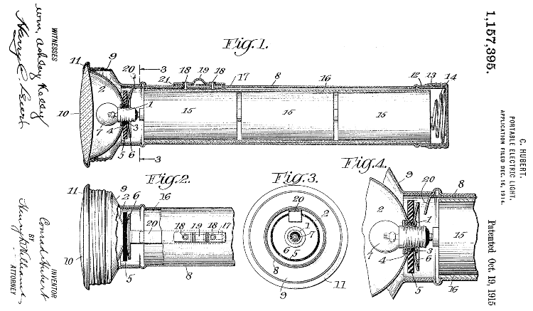 patent 1157395 Portable Electric Light, Conrad Hubert, Oct 19, 1915