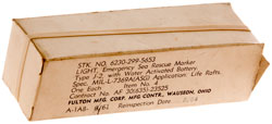 Light,
                    Emergency Sea Rescue Marker Stk. No. 6230-299-5653
                    Type J-2, with Water Activated Battery. Spec.
                    MIL-L-7396A(ASG) Applicationi: Life Rafts One Each
                    Item No. 4 Contract No. AF 30(635)-23525 Fulton Mfg.
                    Corp. Mfg/Contr., Wauseon, Ohio A-1 A8- 8/61
                    Reinspection Date.......... 8/64