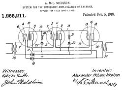 SCR-59 1918 WE
                      3 Tube Aerial Radio Receiving Set; System for the
                      successive amplification of energies, Alexander
                      Mclean Nicolson, Western Electric, App:
                      1915-06-08, W.W. I, Pub: 1918-02-05