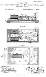 203423
                              Improvement in isochronous and synchronous
                              movements for telegraphic and other lines,
                              Poul La Cour, May 7, 1878