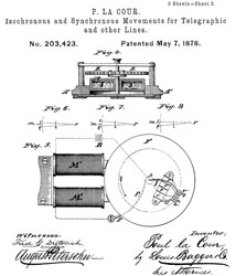 203423
                              Improvement in isochronous and synchronous
                              movements for telegraphic and other lines,
                              Poul La Cour, May 7, 1878