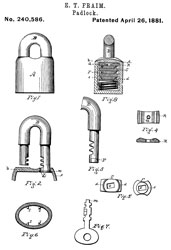 Norwegian or
                      Scandinavian Padlocks patent 240586 E.T. Fraim,
                      (not assigned) April 26, 1881, 70/38A; 70/53 -
                      disk tumblers Norwegian or Scandinavian