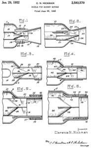 2583570 Nozzle for
                  rocket motors, Clarence N Hickman, App: 1945-06-28,
                  Pub: 1952-01-29
