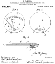 25814 Maximum-hand for speedometer-indicators or
                  the like (Tattle Tale), Joseph W Jones, App:
                  1907-05-18, Pub: 1909-06-22