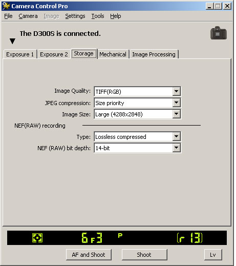 Nikon
                  Camera Control Pro 2.8.0 Storage screen