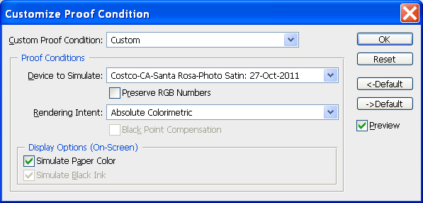 Adobe
            Photoshop CS4 Customize Proff Condition window where printer
            profile & Intent are selected