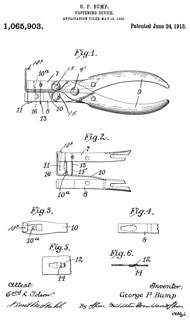 1065903 Fastening
                    device, George P Bump, (not assigned), June 24,
                    1913, 493/351; 493/392; 493/353