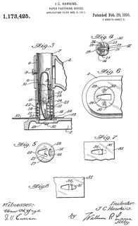1173425
                    Paper-fastening device, J C Hawkins, Feb 29, 1916,
                    493/351; 493/392; 493/356