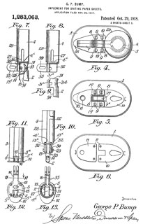 1283063 Implement
                    for uniting paper sheets, George P Bump, (not
                    assigned), Oct 29, 1918, 493/351; 493/356; 493/392 -
                    desktop mushroom head "Stand Model"