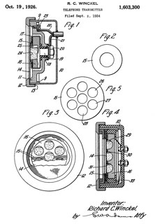 1603300
                      Telephone transmitter, Richard C Winckel, Western
                      Electric,Filed: Sep. 2, 1924, Pub: Oct. 19, 1926
                      Carbon Button (24)