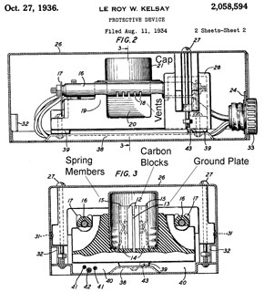 2058594 Protective
                  device, Leroy W Kelsay, Bell Tel Labs, Oct 27, 1936,
                  337/203; 337/32; 337/213; 337/250; 313/51; 337/139;
                  337/216