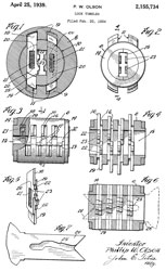 2155734
                        Lock Tumbler, Phillip W. Olson, Automatic
                        Instrument Co., Apr 25, 1939, 70/358, 70/492,
                        70/406 -