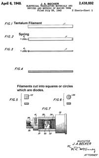 2438892
                              Electrical translating materials and
                              devices and methods of making them, Joseph
                              A Becker, Bell Labs, App: 1943-07-28
                              (W.W.II), Pub: 1948-04-06