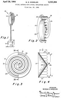 3131394 Spiral
                  antenna with spiral reflecting cavity, Myron S
                  Wheeler, Navy, App: 1962-01-22