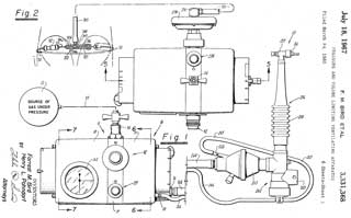 3331368
                      Pressure and volume limiting ventilating
                      apparatus, Forrest M Bird, Henry L Pohndorf, App:
                      1965-03-24, Pub: 1967-07-18