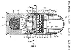 3991682 Canister cartridge and projectile
                  assembly with releasable nose, Vaughn E. Peak, Army,
                  1976-11-16, - sabot shotgun cartridge 40mm?